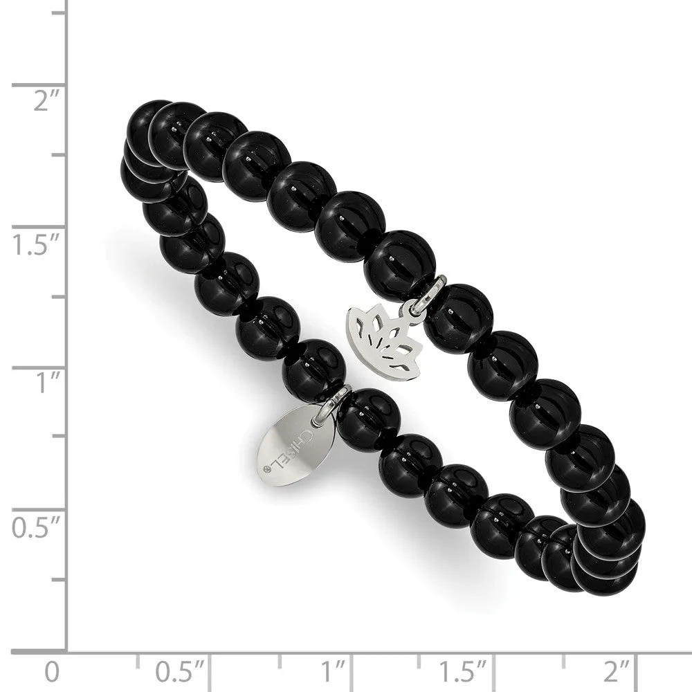 Stainless Steel Polished Lotus Black Agate Beaded Stretch Bracelet