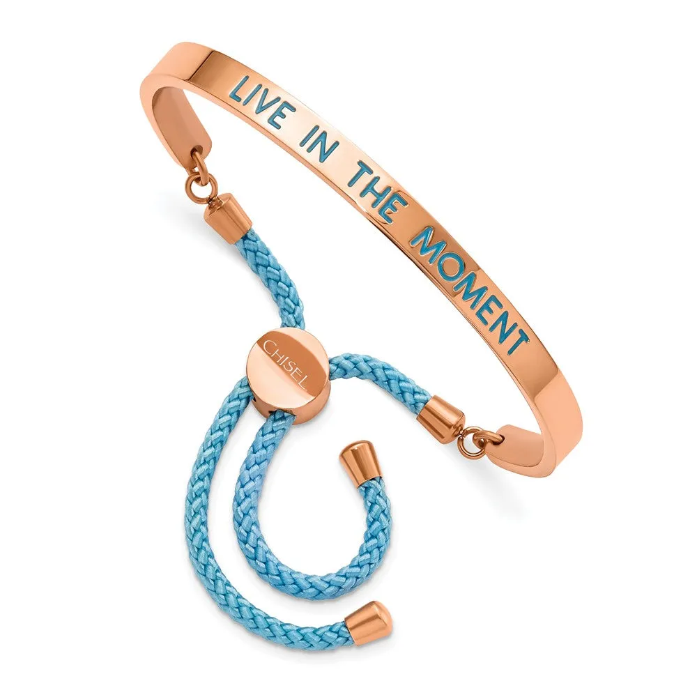 Stainless Steel Polished Rose IP Blue Enamel & Nylon MOMENT Adj Bangle