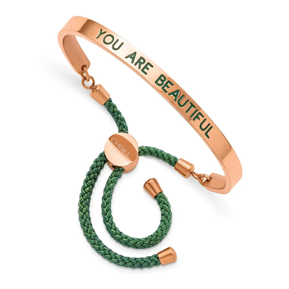 Stainless Steel Polished Rose IP Green Enamel/Nylon BEAUTIFUL Adj Bangle