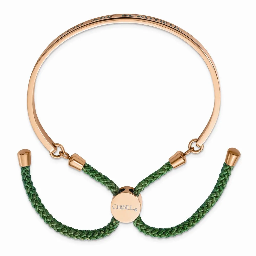 Stainless Steel Polished Rose IP Green Enamel/Nylon BEAUTIFUL Adj Bangle