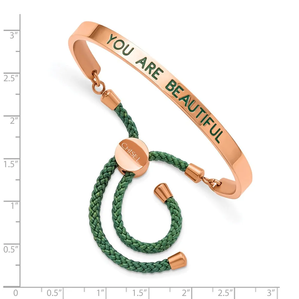 Stainless Steel Polished Rose IP Green Enamel/Nylon BEAUTIFUL Adj Bangle