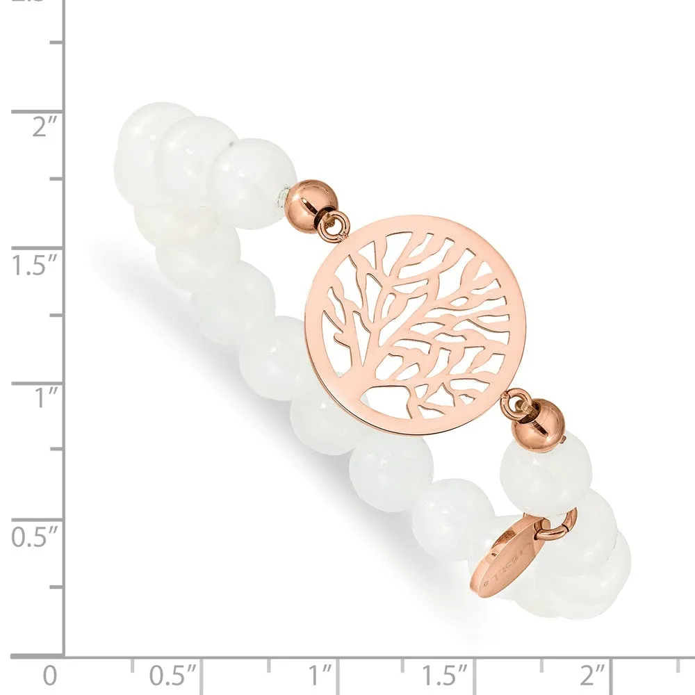 Stainless Steel Polished Rose IP-plated Tree White Jade Stretch Bracelet