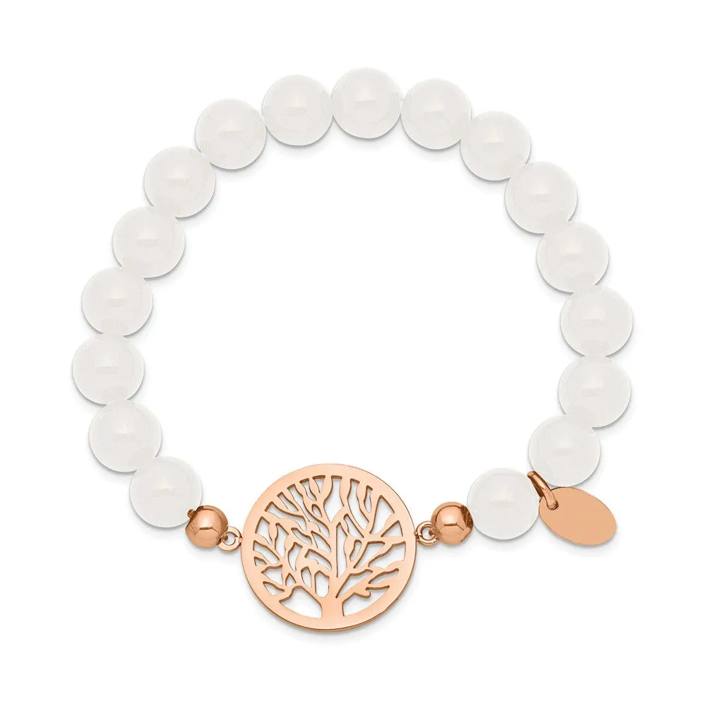 Stainless Steel Polished Rose IP-plated Tree White Jade Stretch Bracelet