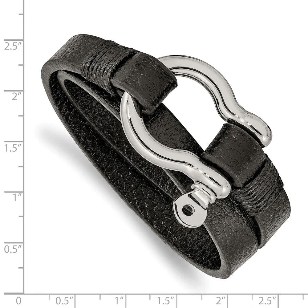 Stainless Steel Polished Textured Black Leather 16in Wrap Shackle Bracelet