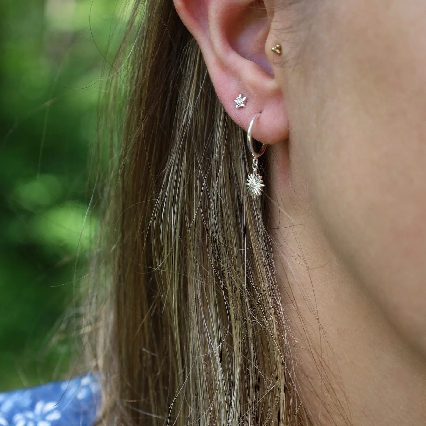 Sterling Silver Hoops with Hanging Sunburst