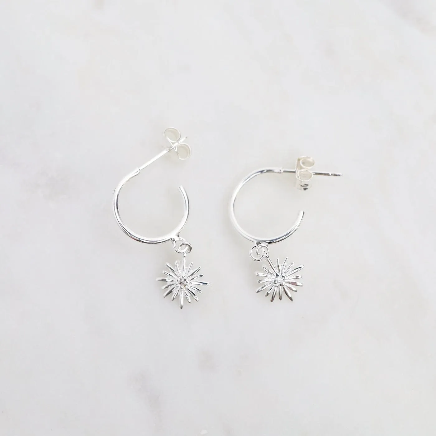 Sterling Silver Hoops with Hanging Sunburst