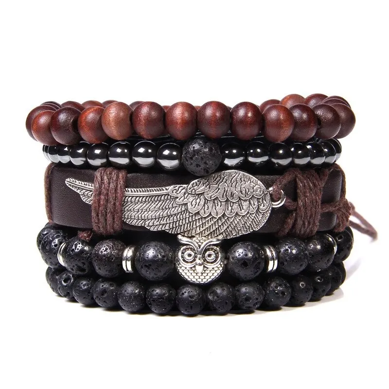 Style Set Multiple Charm Bracelet Natural Stone Beads / Braided Bracelet with a feather Pendant