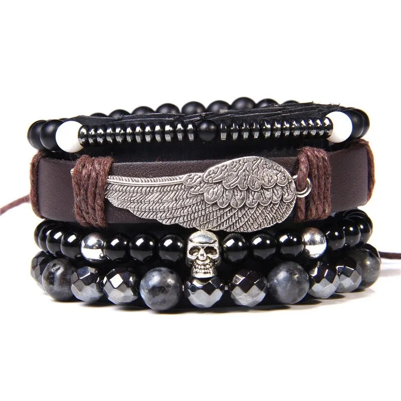 Style Set Multiple Charm Bracelet Natural Stone Beads / Braided Bracelet with a feather Pendant