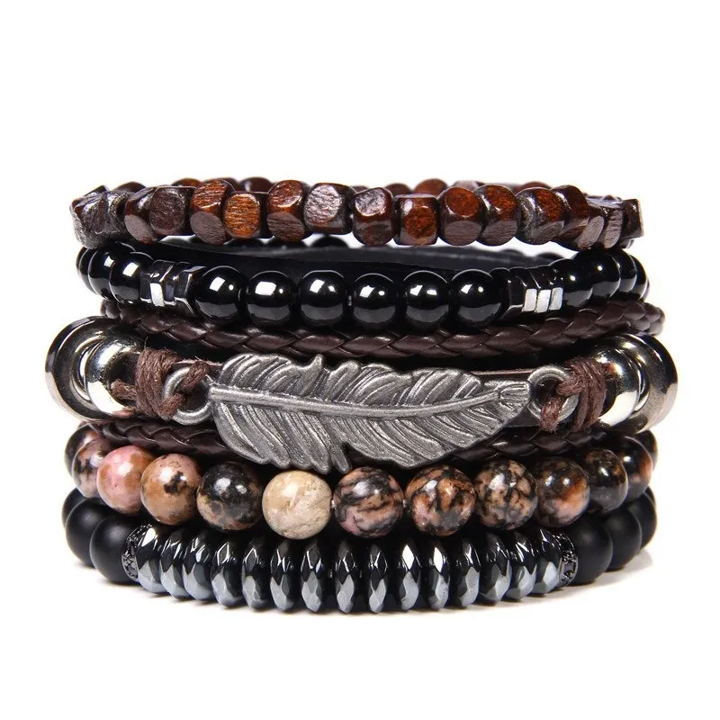 Style Set Multiple Charm Bracelet Natural Stone Beads / Braided Bracelet with a feather Pendant