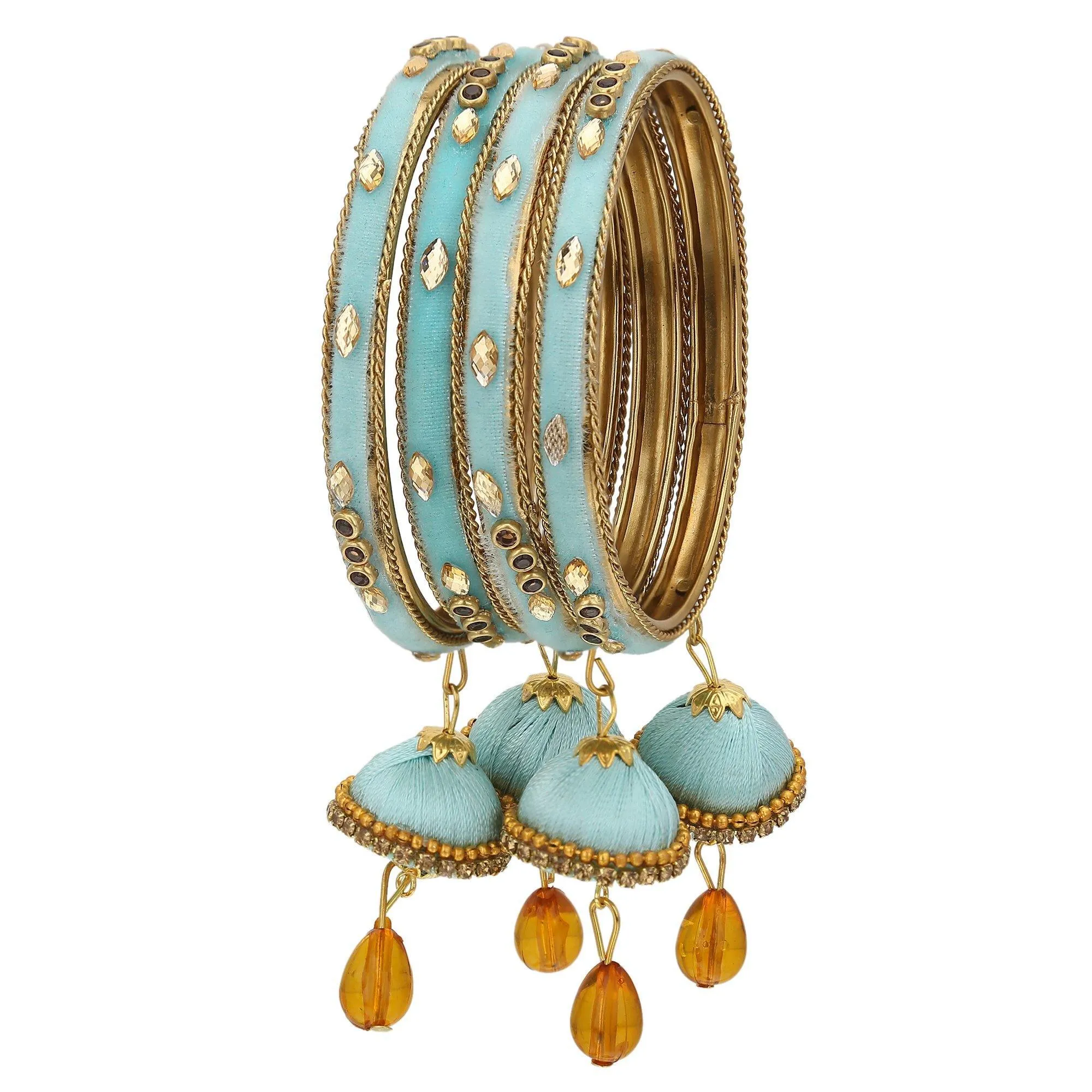 Sukriti Designer Silk Thread Tassel Latkan Velvet Turquoise Bangle for Girls & Women – Set of 4