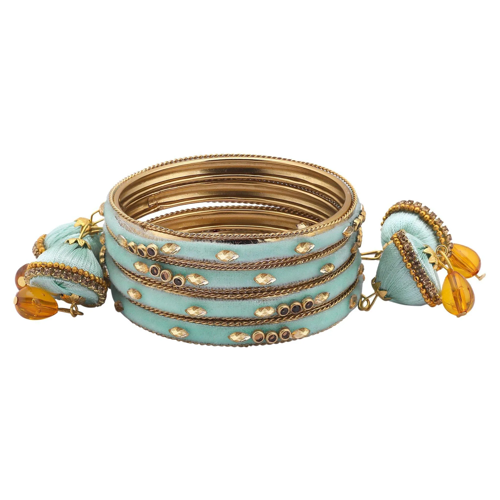 Sukriti Designer Silk Thread Tassel Latkan Velvet Turquoise Bangle for Girls & Women – Set of 4