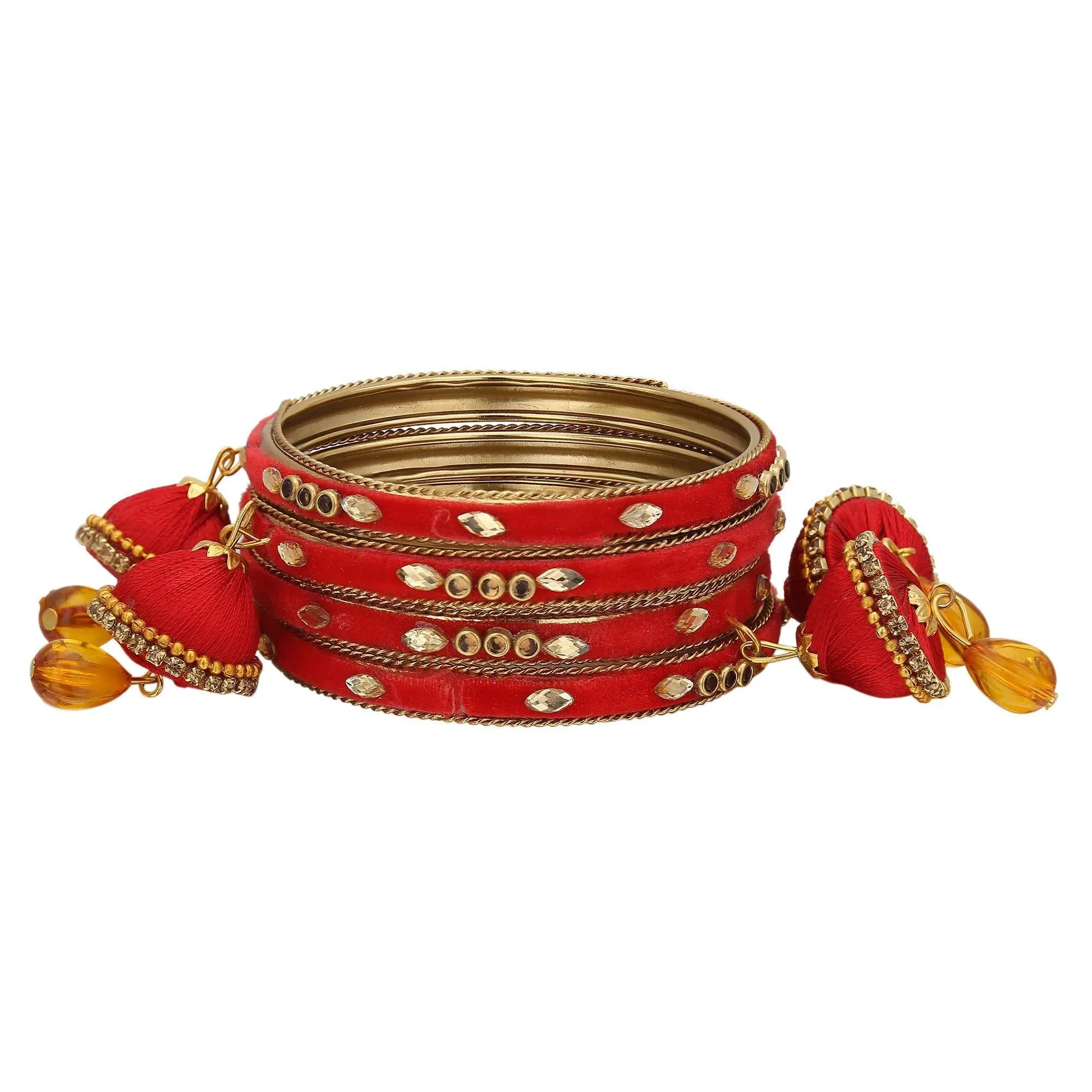 Sukriti Indian Designer Silk Thread Tassel Latkan Velvet Red Bangle for Girls & Women – Set of 4
