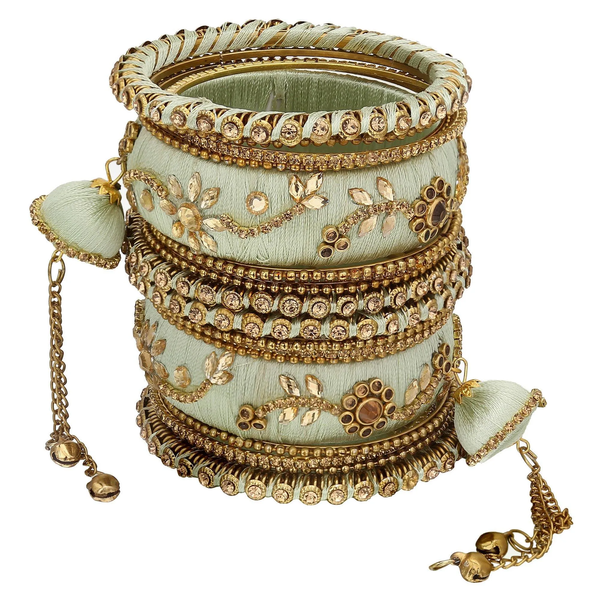 Sukriti Party wear Silk Thread Tassel Latkan Green Bangles Jewelry for Girls & Women – Set of 18