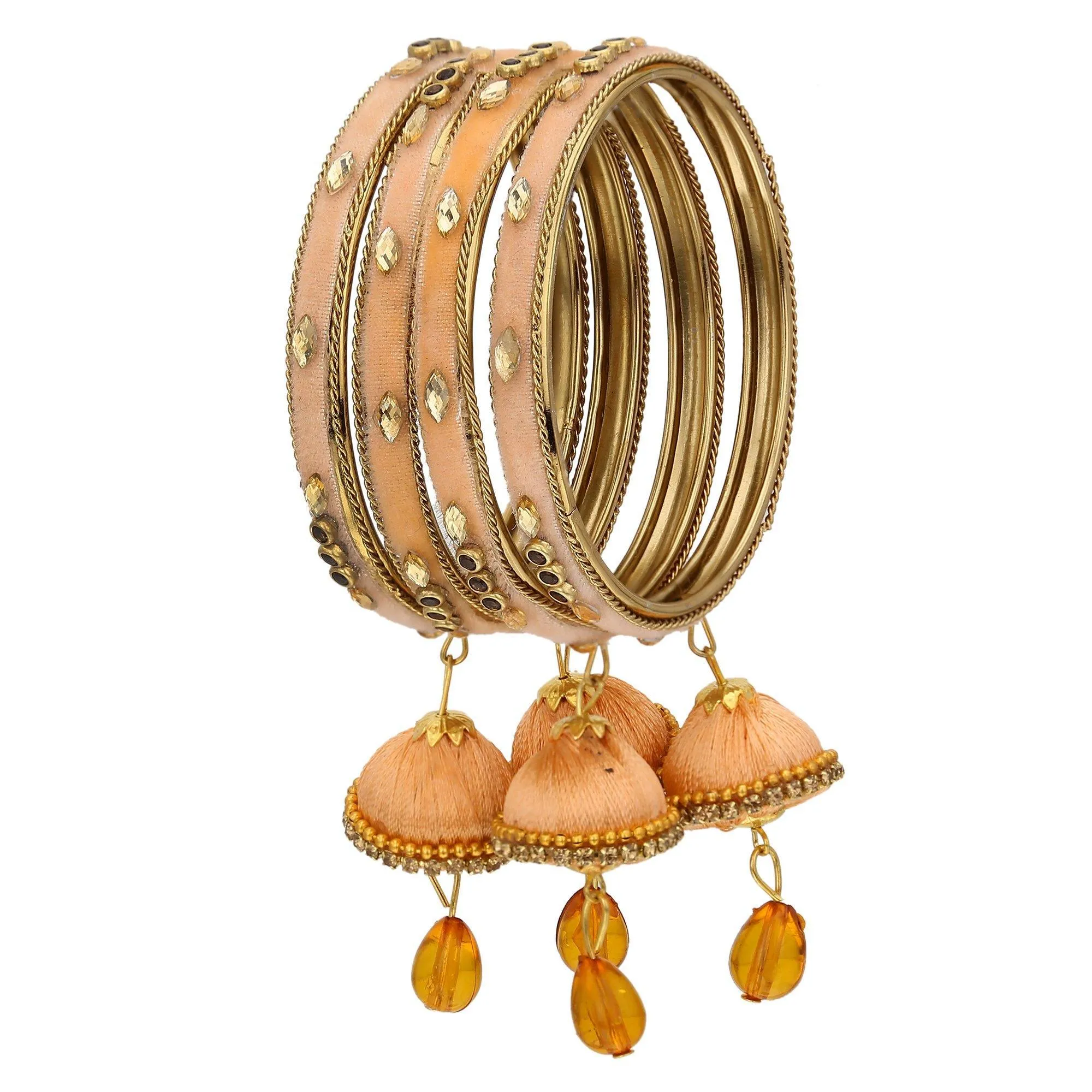 Sukriti Trendy Designer Silk Thread Tassel Latkan Velvet Peach Bangle for Girls & Women – Set of 4
