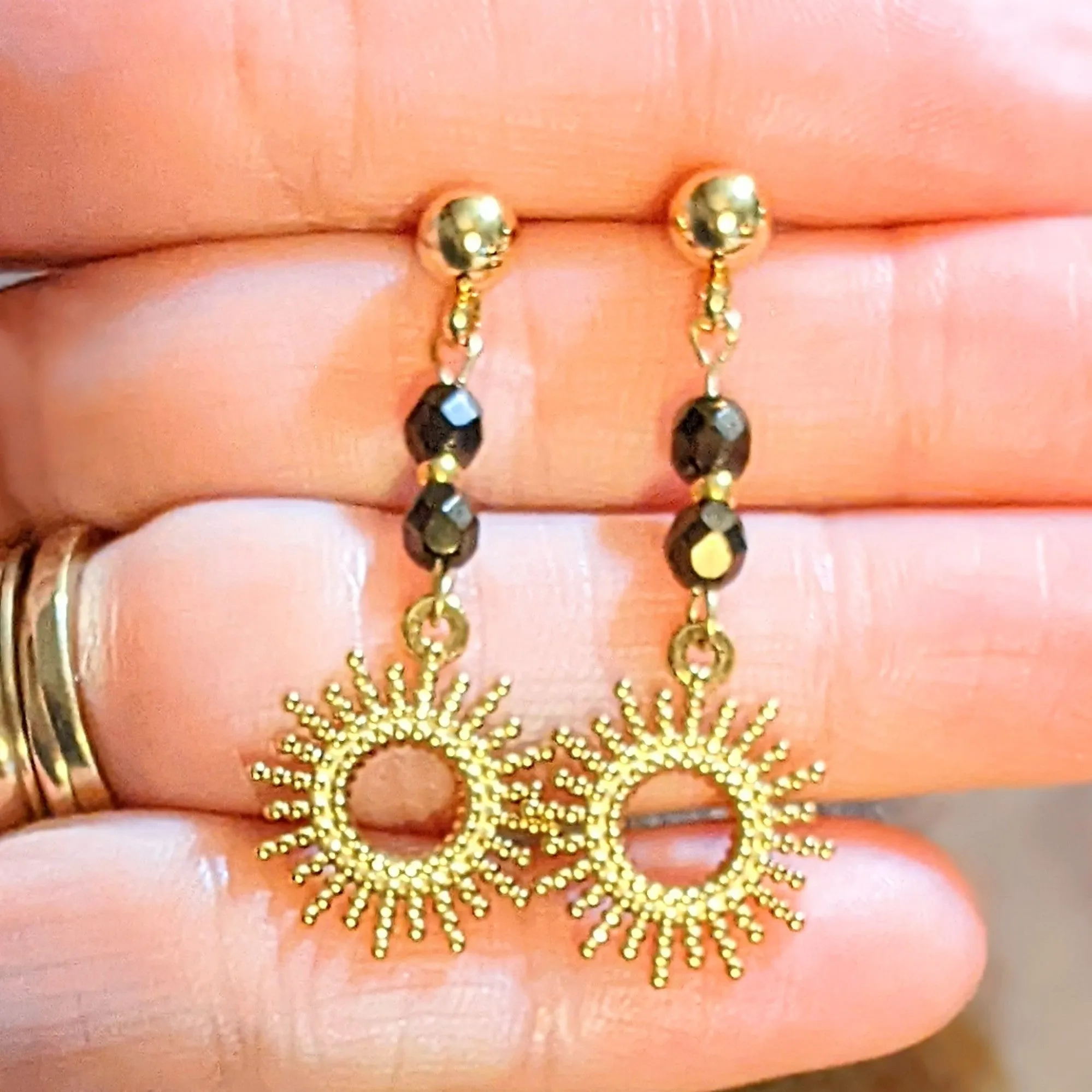 Sunburst Charm Drop Stud Earrings-Gold