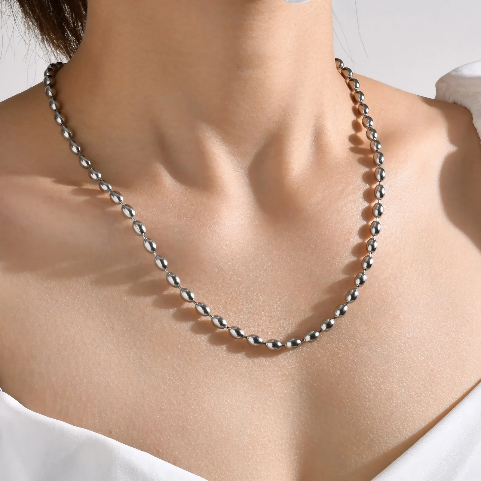 Titanium Steel Olive Millet Bead Chain Necklace