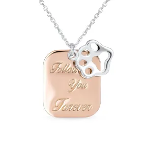Two Tone Paw Prints Dog Tag Pendant Necklace Rose Gold & Sterling Silver
