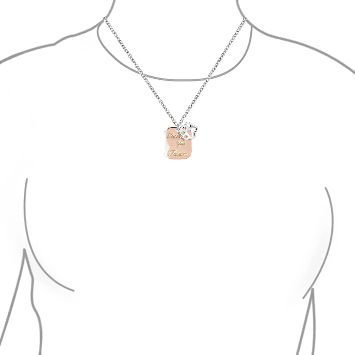Two Tone Paw Prints Dog Tag Pendant Necklace Rose Gold & Sterling Silver