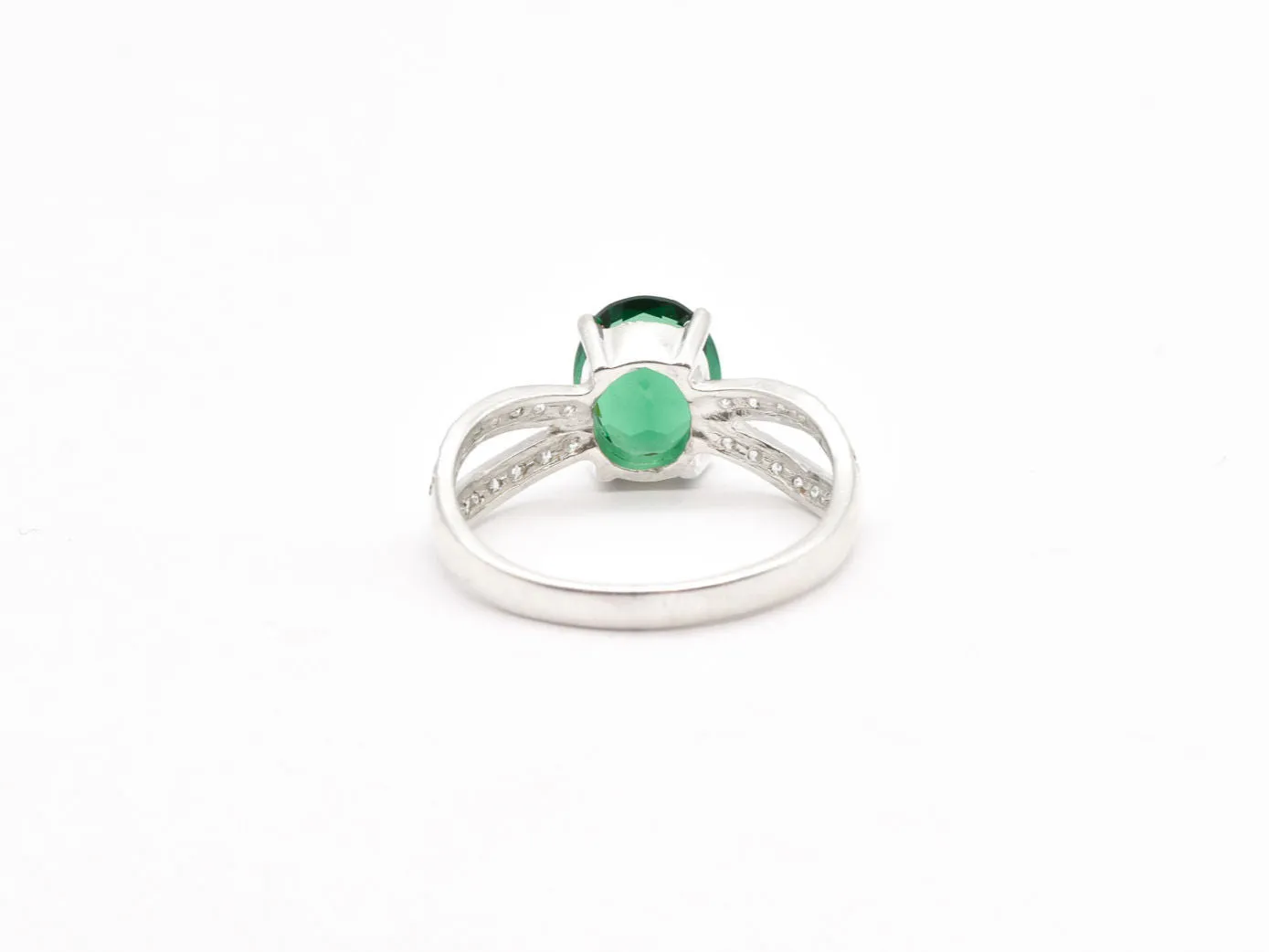 Vintage Emerald Ring - Green Gemstone Ring - Silver Split Pave Band
