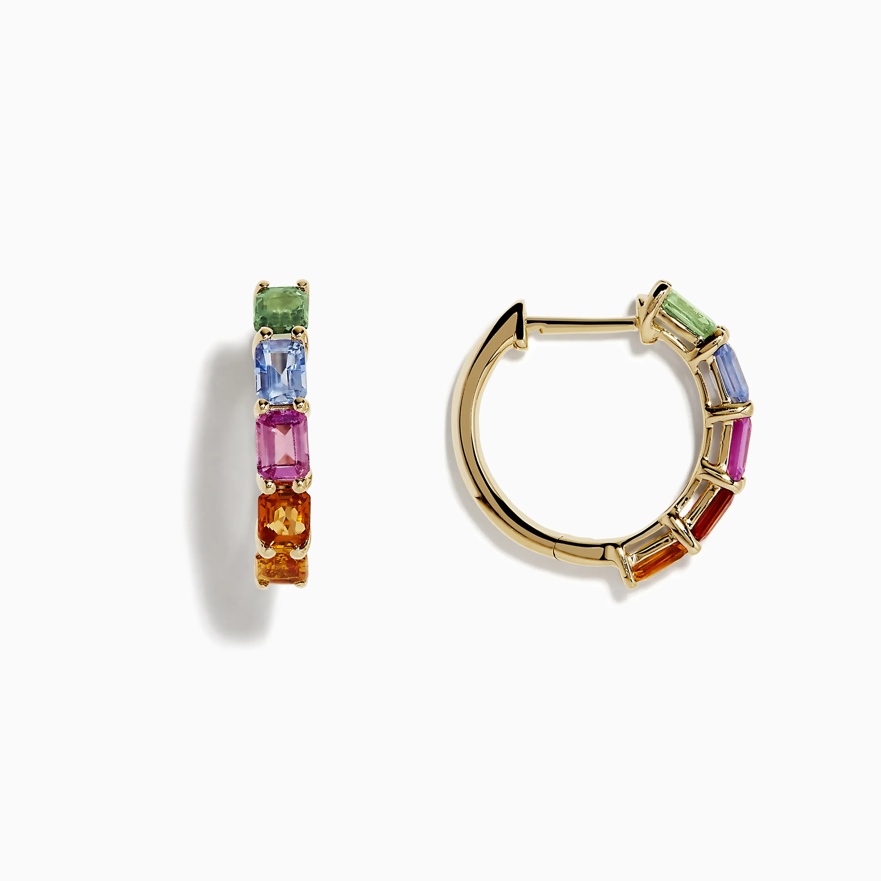 Watercolor 14k Gold Emerald Cut Multi Sapphire Hoop Earrings