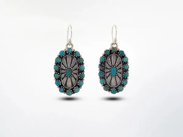 Western Inspired Oval Turquoise Earrings With Sunburst Design