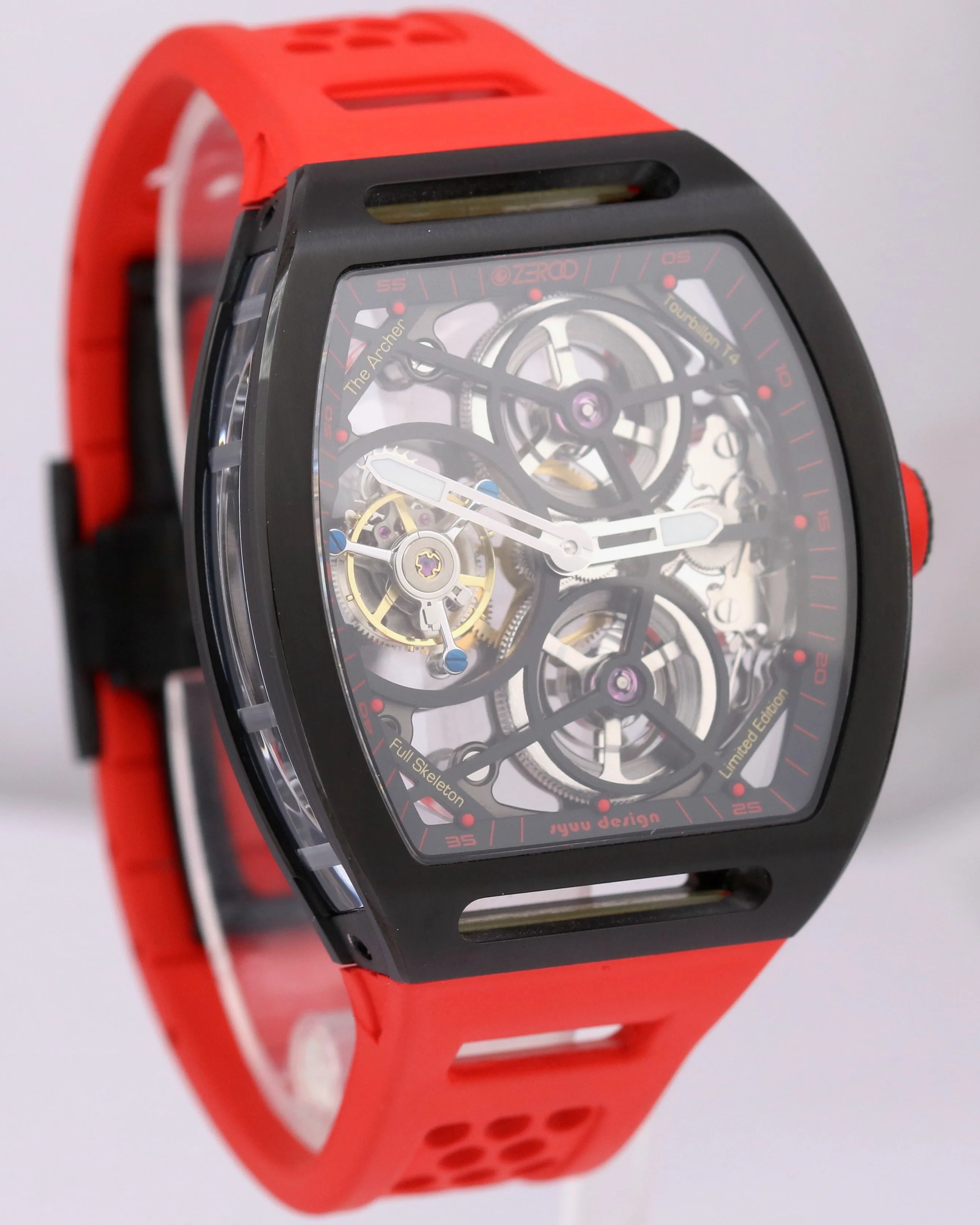 Zeroo Time T4 THE ARCHER Skeleton Black Red Steel TOURBILLON Rubber ZT004BRD BOX