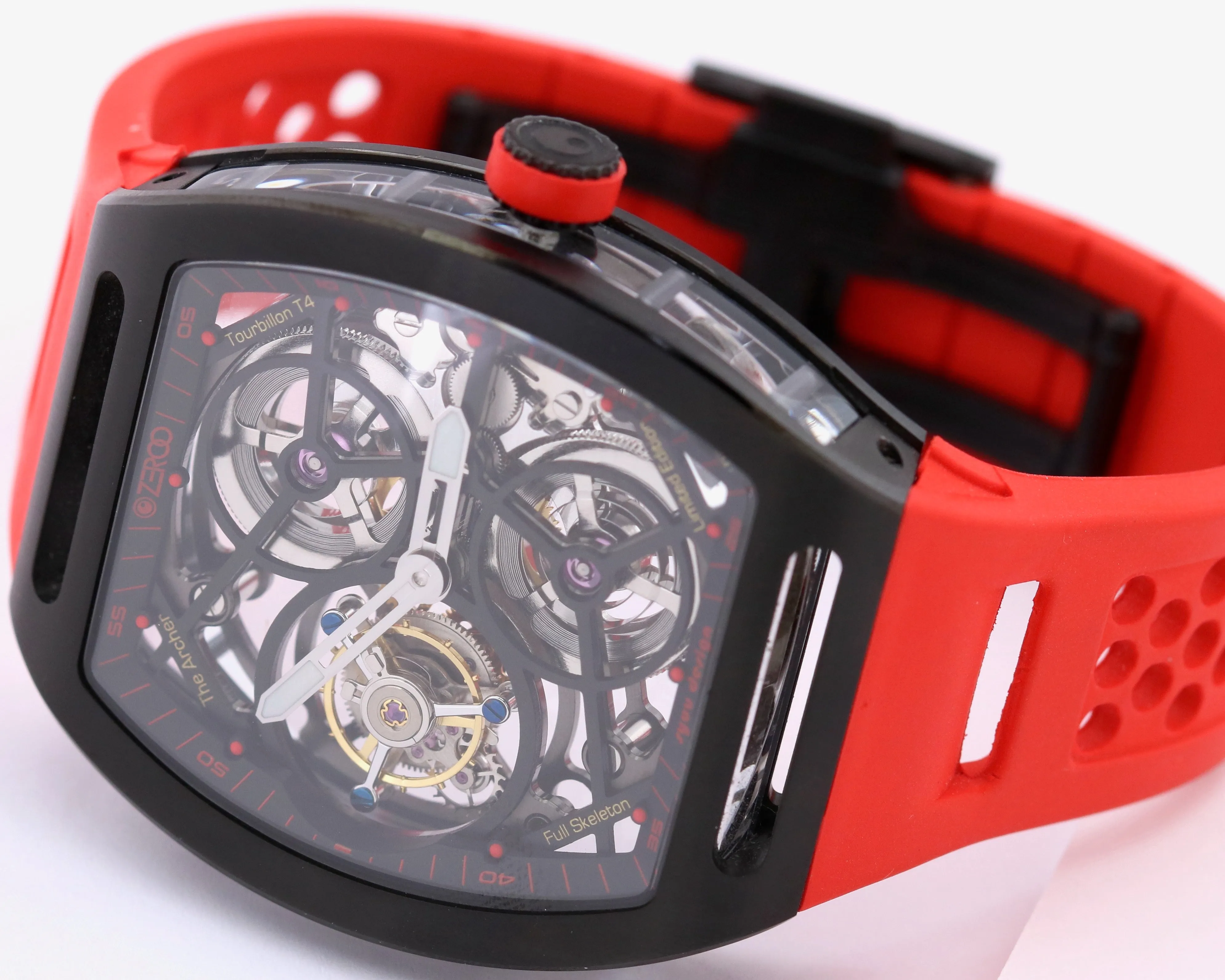Zeroo Time T4 THE ARCHER Skeleton Black Red Steel TOURBILLON Rubber ZT004BRD BOX